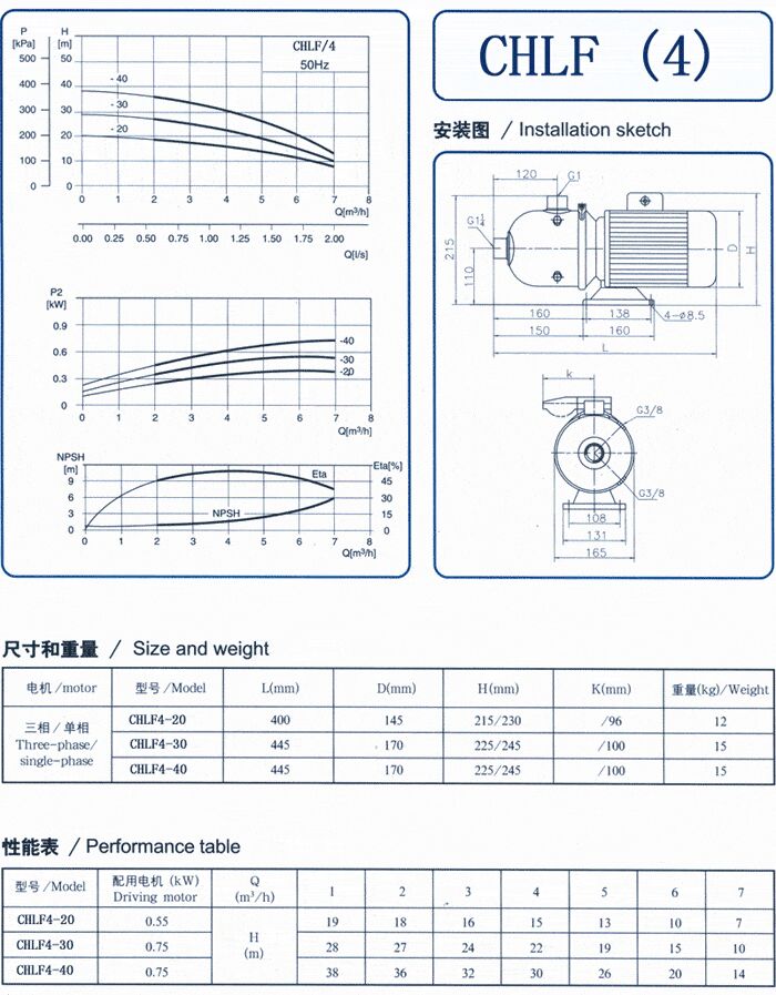 CHLF輕型立式不銹鋼多級離心泵安裝圖、尺寸、性能