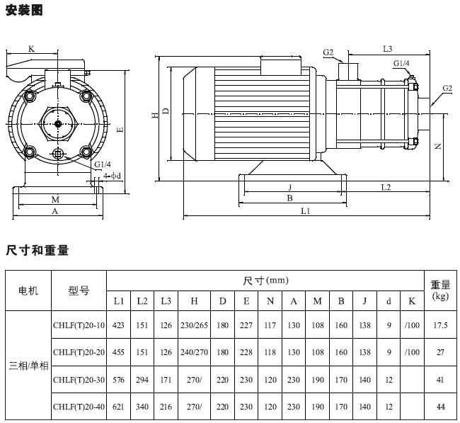不銹鋼多級離心泵安裝圖、尺寸及重量